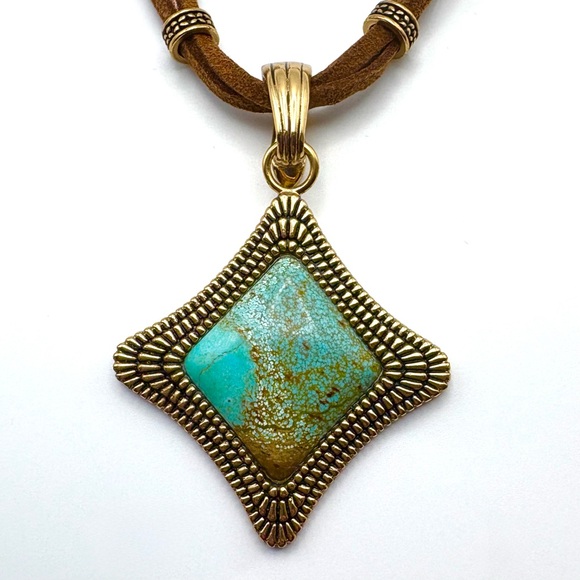 Studio Barse Natural Turquoise Golden Bronze Leather Cord Southwestern Necklace - Picture 2 of 5